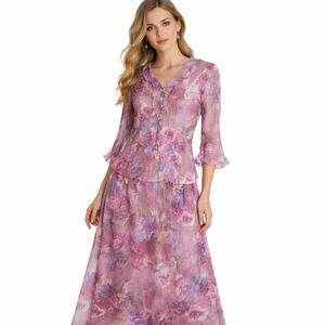 Miss Dorby‎ Vintage 1980s Floral Dress Skirt Set Ruffle Sleeve Women S